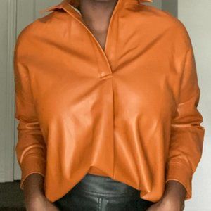 Brown Leather Oversized Collared Long Sleeve Top